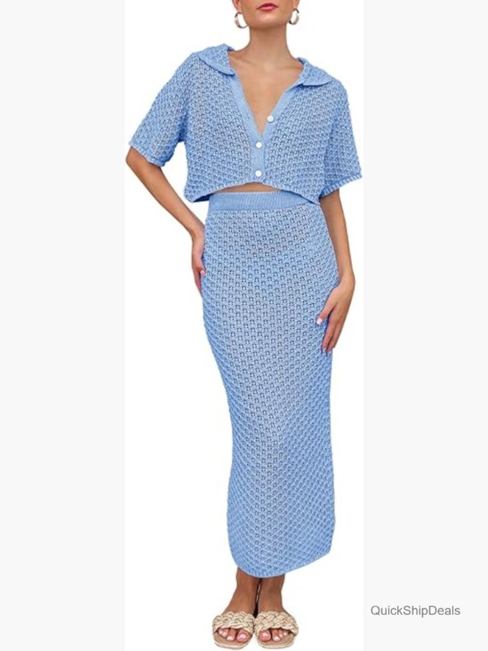 Crochet Knit Cover Up Set with Button Top and Maxi Skirt